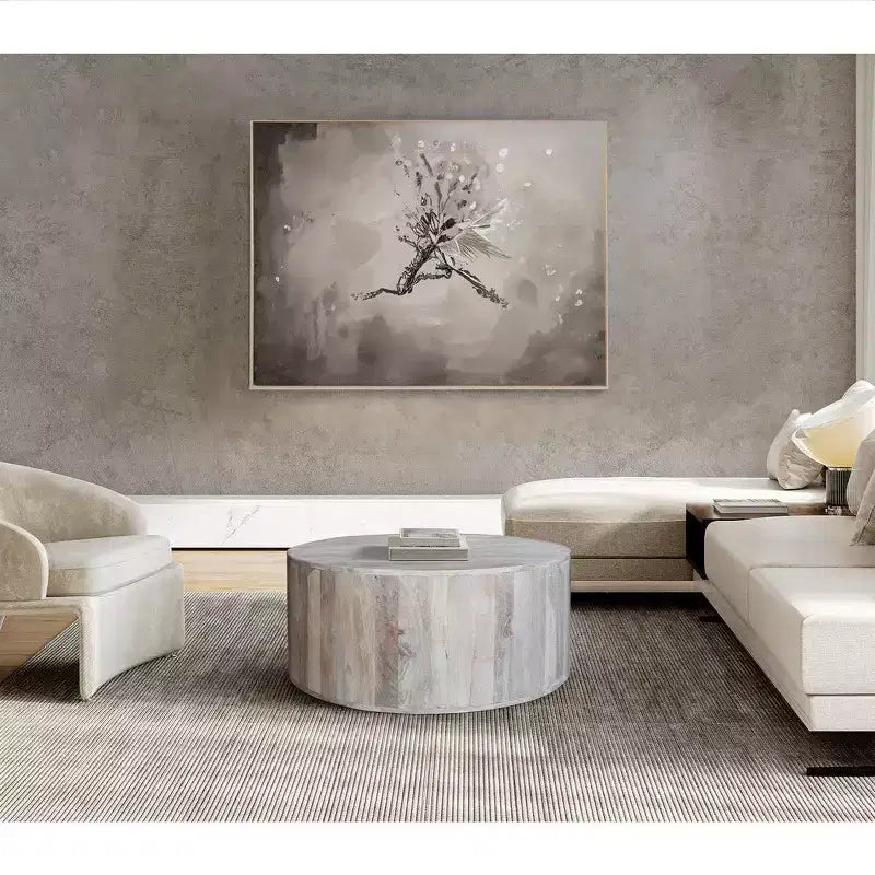 Royal Hampton 36 Inch Coffee Table, Handcrafted Drum Shape, Washed White Mango Wood