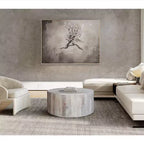 Royal Hampton 36 Inch Coffee Table, Handcrafted Drum Shape, Washed White Mango Wood