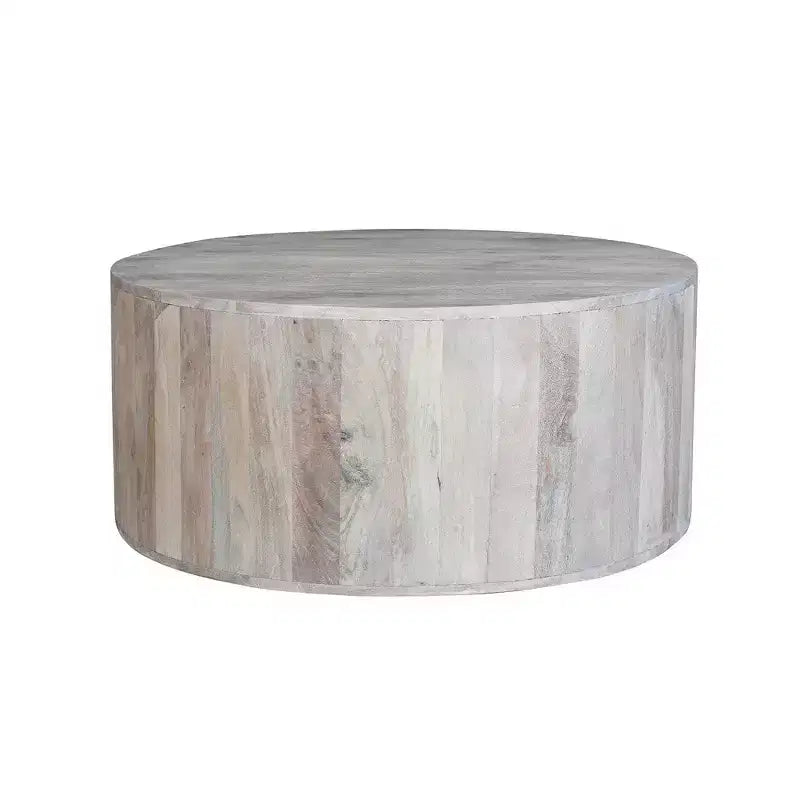 Table basse Royal Hampton de 36 pouces, forme de tambour fabriquée à la main, bois de manguier blanc délavé