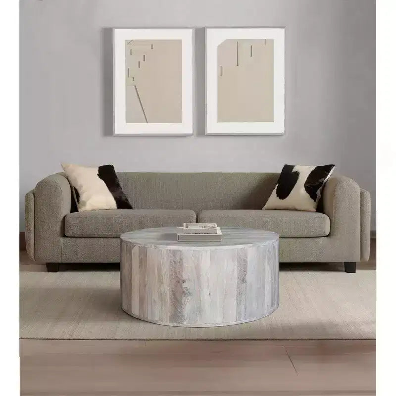 Table basse Royal Hampton de 36 pouces, forme de tambour fabriquée à la main, bois de manguier blanc délavé