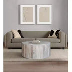 Table basse Royal Hampton de 36 pouces, forme de tambour fabriquée à la main, bois de manguier blanc délavé