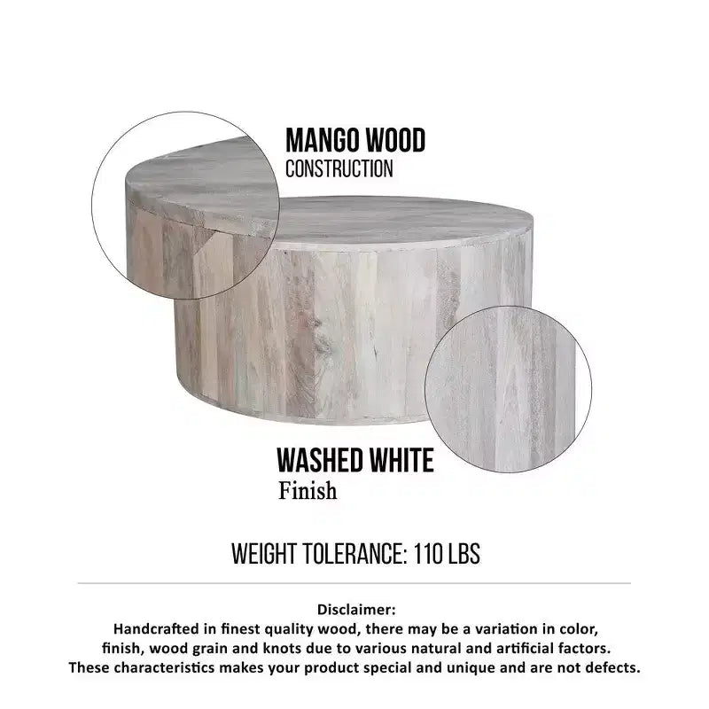 Table basse Royal Hampton de 36 pouces, forme de tambour fabriquée à la main, bois de manguier blanc délavé