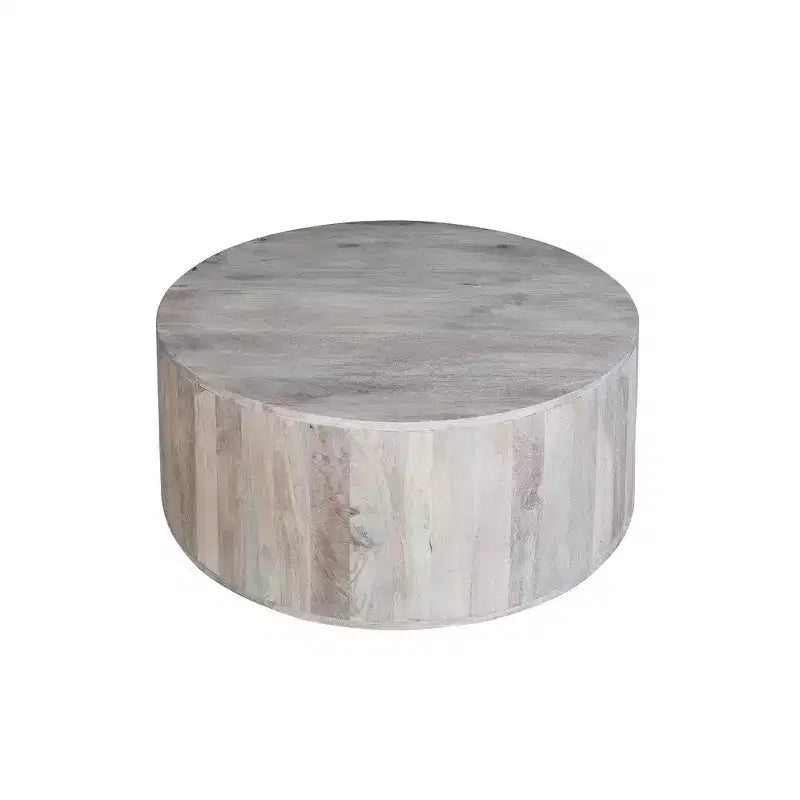 Table basse Royal Hampton de 36 pouces, forme de tambour fabriquée à la main, bois de manguier blanc délavé