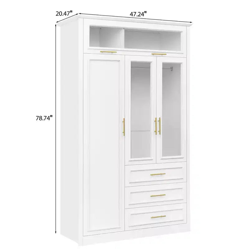 Armoire à 3 portes avec lumières LED et 3 tiroirs, meuble de rangement autoportant, blanc - ModernLuxe