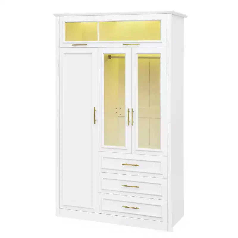 Armoire à 3 portes avec lumières LED et 3 tiroirs, meuble de rangement autoportant, blanc - ModernLuxe