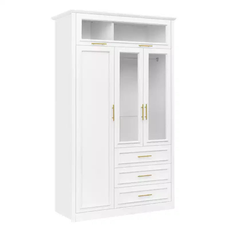Armoire à 3 portes avec lumières LED et 3 tiroirs, meuble de rangement autoportant, blanc - ModernLuxe