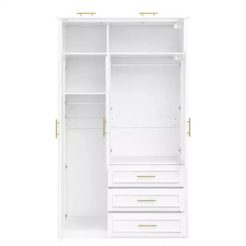 Armoire à 3 portes avec lumières LED et 3 tiroirs, meuble de rangement autoportant, blanc - ModernLuxe