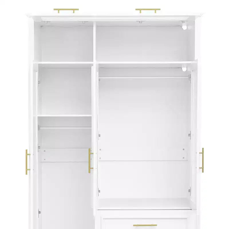Armoire à 3 portes avec lumières LED et 3 tiroirs, meuble de rangement autoportant, blanc - ModernLuxe