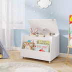 Costway Boîte à jouets pour enfants, organisateur de rangement de jouets en bois avec étagère à livres et roues verrouillables Blanc/Gris