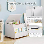 Costway Boîte à jouets pour enfants, organisateur de rangement de jouets en bois avec étagère à livres et roues verrouillables Blanc/Gris