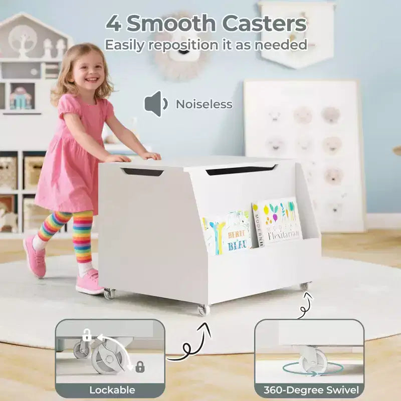 Costway Boîte à jouets pour enfants, organisateur de rangement de jouets en bois avec étagère à livres et roues verrouillables Blanc/Gris