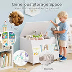 Costway Boîte à jouets pour enfants, organisateur de rangement de jouets en bois avec étagère à livres et roues verrouillables Blanc/Gris
