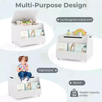 Costway Boîte à jouets pour enfants, organisateur de rangement de jouets en bois avec étagère à livres et roues verrouillables Blanc/Gris