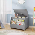 Costway Boîte à jouets pour enfants, organisateur de rangement de jouets en bois avec étagère à livres et roues verrouillables Blanc/Gris