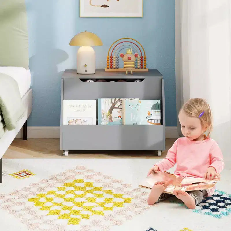 Costway Boîte à jouets pour enfants, organisateur de rangement de jouets en bois avec étagère à livres et roues verrouillables Blanc/Gris