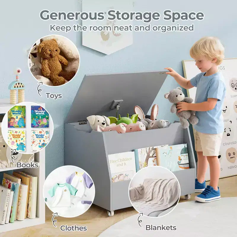 Costway Boîte à jouets pour enfants, organisateur de rangement de jouets en bois avec étagère à livres et roues verrouillables Blanc/Gris
