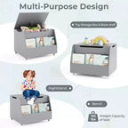 Costway Boîte à jouets pour enfants, organisateur de rangement de jouets en bois avec étagère à livres et roues verrouillables Blanc/Gris