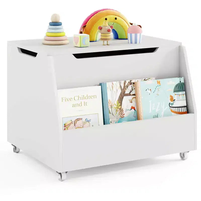 Costway Boîte à jouets pour enfants, organisateur de rangement de jouets en bois avec étagère à livres et roues verrouillables Blanc/Gris