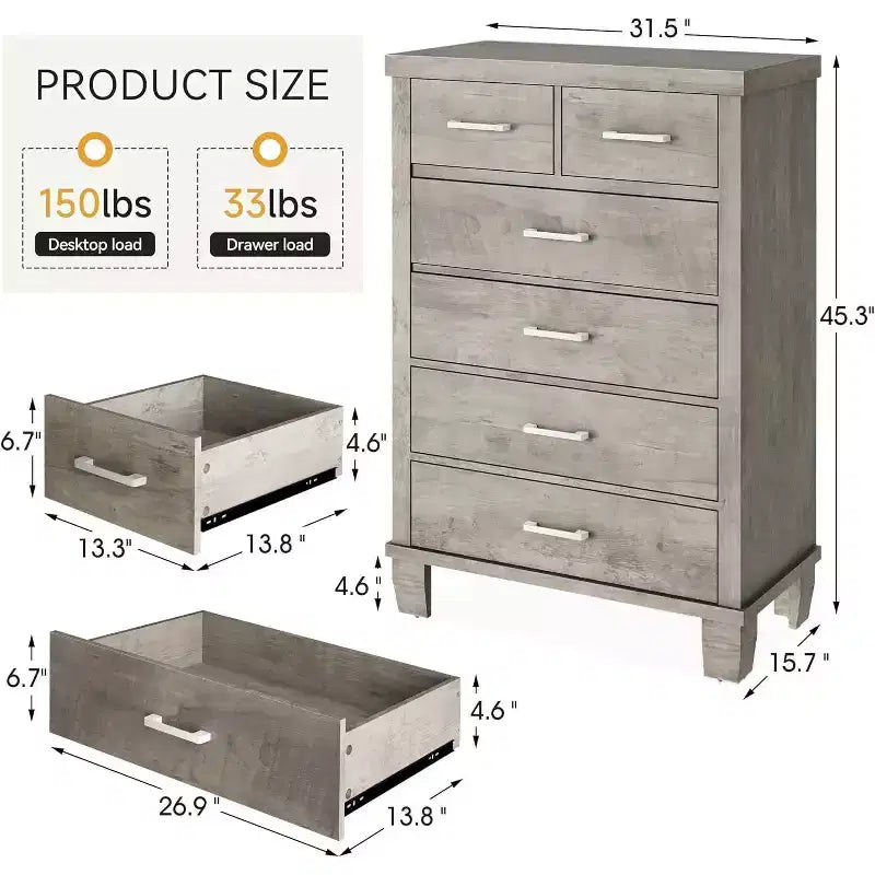 Acekool Commode Haute à 6 Tiroirs, Meuble de Rangement en Bois avec Poignées Métalliques pour Chambre, Placard, Salon