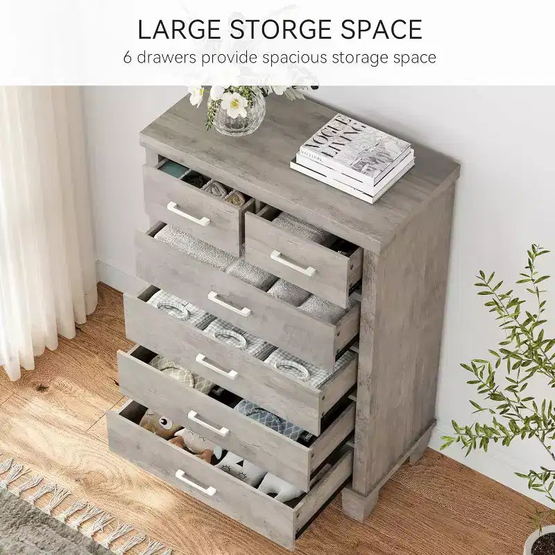 Acekool Commode Haute à 6 Tiroirs, Meuble de Rangement en Bois avec Poignées Métalliques pour Chambre, Placard, Salon