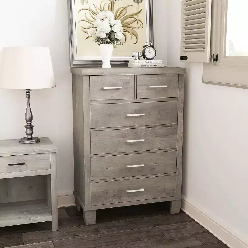 Acekool Commode Haute à 6 Tiroirs, Meuble de Rangement en Bois avec Poignées Métalliques pour Chambre, Placard, Salon