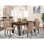 HomeStock Belmont 7Pc Dining Room Table Set , Rectangle Table and 6 Parson Chairs with Light Sable Color Linen Fabric, Distressed Jacobean Finish