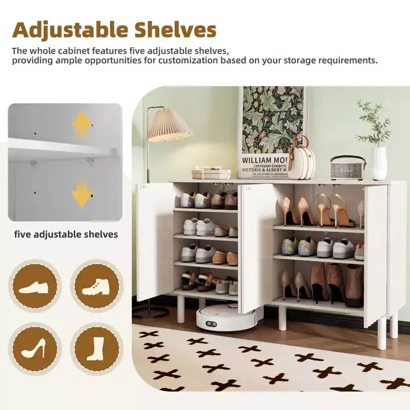 Okak Buffet bahut minimaliste avec rangement et 5 pieds en bois massif, Meuble à chaussures avec étagère réglable pour salon cuisine