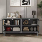 Bahut de buffet Okak rétro avec rangement et 4 portes en rotin, meuble d'appoint avec verre transparent pour cuisine, salle à manger, entrée
