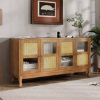 Bahut de buffet Okak rétro avec rangement et 4 portes en rotin, meuble d'appoint avec verre transparent pour cuisine, salle à manger, entrée