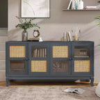 Bahut de buffet Okak rétro avec rangement et 4 portes en rotin, meuble d'appoint avec verre transparent pour cuisine, salle à manger, entrée
