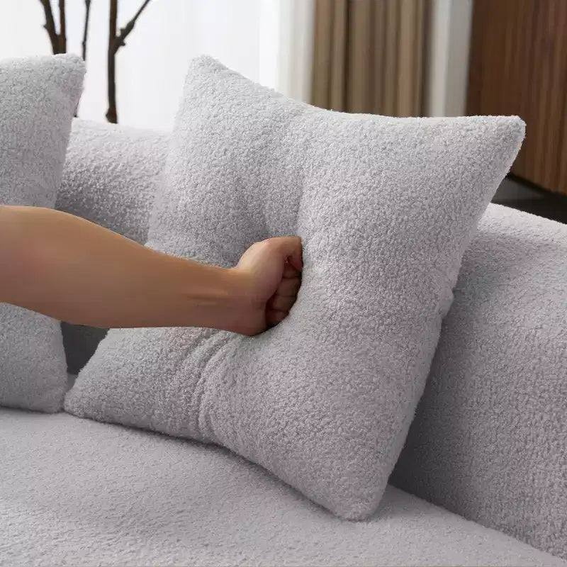 Canapé courbé quatre places en éponge à compression intégrale, tissu velours Teddy, canapé compact sans assemblage pour petits espaces et appartements
