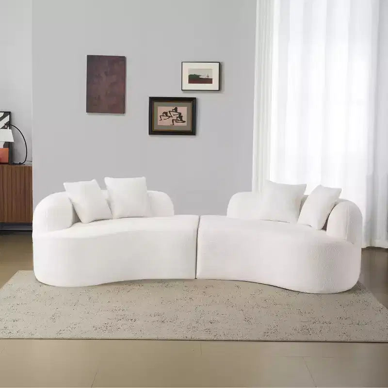 Canapé courbé quatre places en éponge à compression intégrale, tissu velours Teddy, canapé compact sans assemblage pour petits espaces et appartements