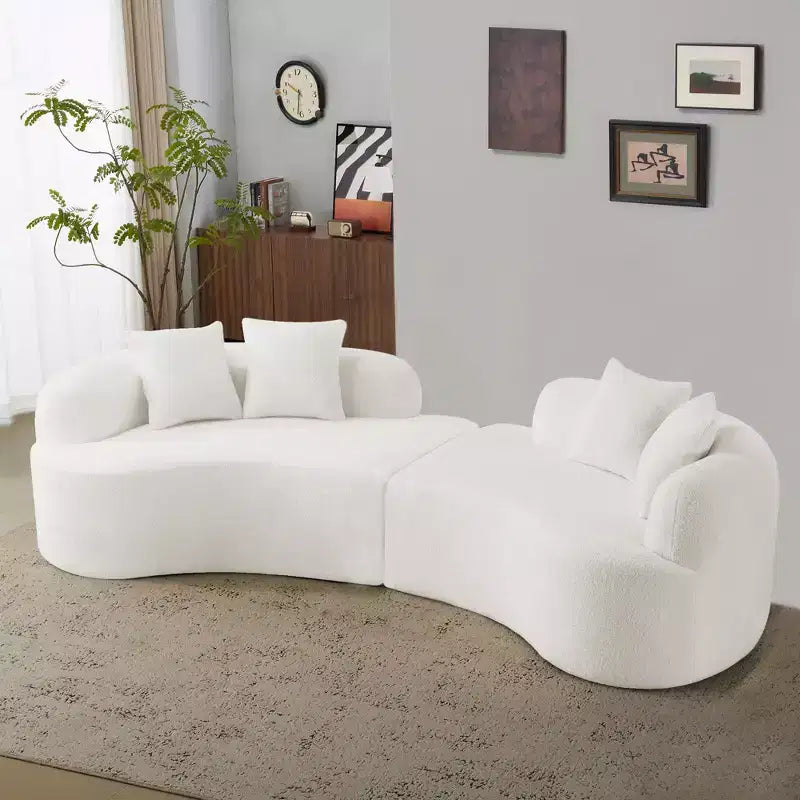 Canapé courbé quatre places en éponge à compression intégrale, tissu velours Teddy, canapé compact sans assemblage pour petits espaces et appartements