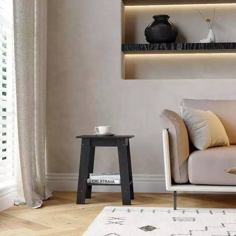 Table d'appoint de ferme COZONY, Table d'appoint étroite à 2 niveaux, Grain de bois gris, Table de chevet compacte pour petits espaces, Salon, Chambre, Facile à monter