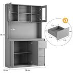 Grand meuble de cuisine de 180 cm de haut, buffet de rangement de cuisine avec lumières LED et prises de courant, support pour micro-ondes, porte en verre