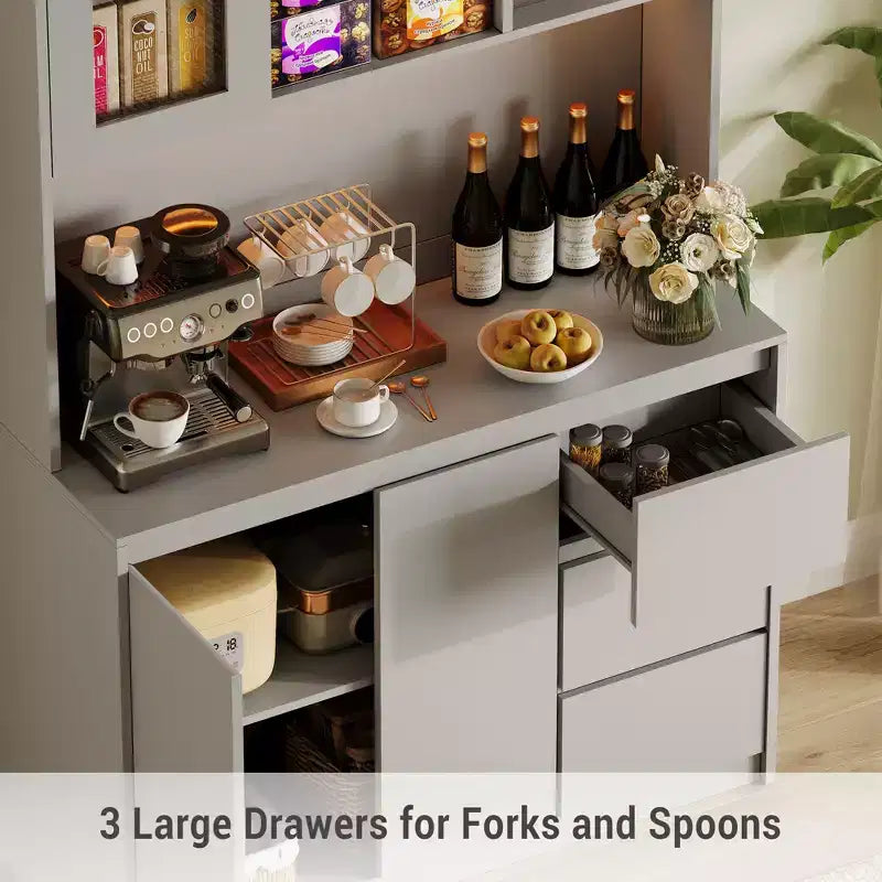 Grand meuble de cuisine de 180 cm de haut, buffet de rangement de cuisine avec lumières LED et prises de courant, support pour micro-ondes, porte en verre
