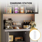 Grand meuble de cuisine de 180 cm de haut, buffet de rangement de cuisine avec lumières LED et prises de courant, support pour micro-ondes, porte en verre