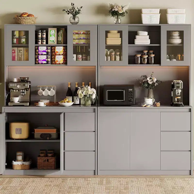 Grand meuble de cuisine de 180 cm de haut, buffet de rangement de cuisine avec lumières LED et prises de courant, support pour micro-ondes, porte en verre