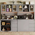 Grand meuble de cuisine de 180 cm de haut, buffet de rangement de cuisine avec lumières LED et prises de courant, support pour micro-ondes, porte en verre