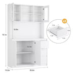Grand meuble de cuisine de 180 cm de haut, buffet de rangement de cuisine avec lumières LED et prises de courant, support pour micro-ondes, porte en verre