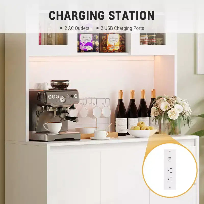 Grand meuble de cuisine de 180 cm de haut, buffet de rangement de cuisine avec lumières LED et prises de courant, support pour micro-ondes, porte en verre