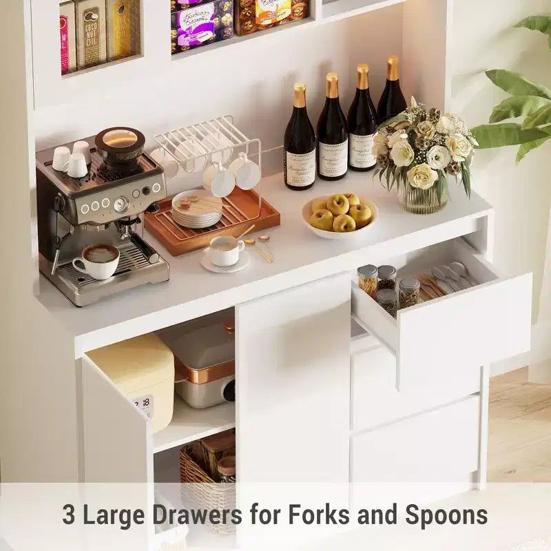 Grand meuble de cuisine de 180 cm de haut, buffet de rangement de cuisine avec lumières LED et prises de courant, support pour micro-ondes, porte en verre