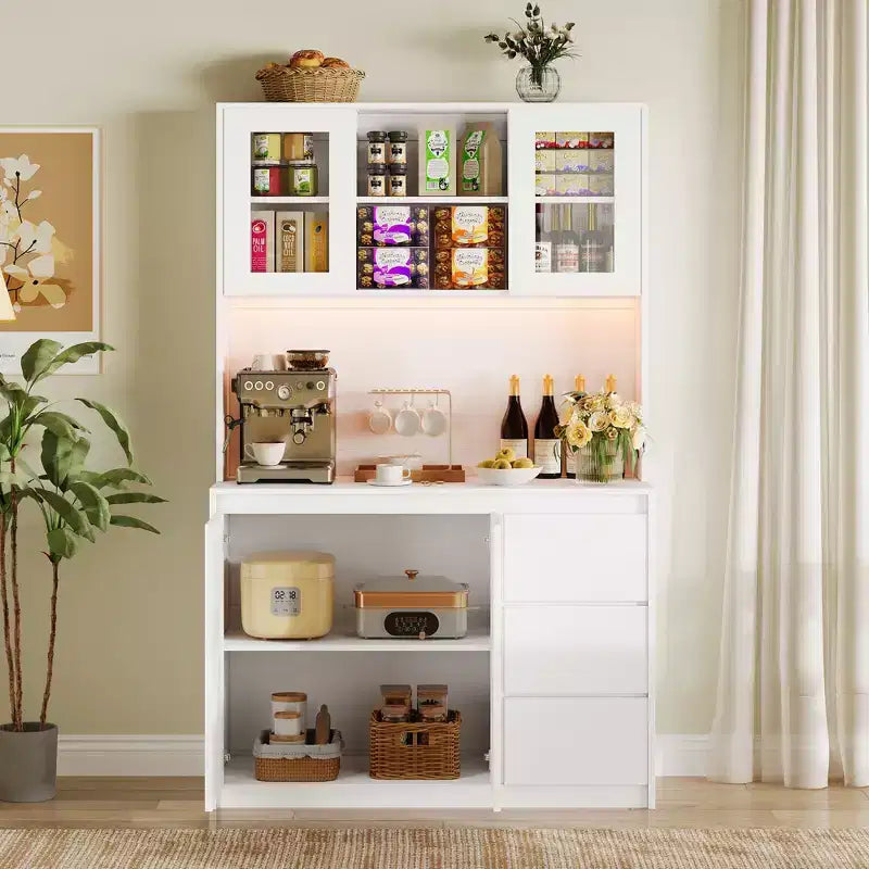 Grand meuble de cuisine de 180 cm de haut, buffet de rangement de cuisine avec lumières LED et prises de courant, support pour micro-ondes, porte en verre