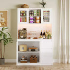 Grand meuble de cuisine de 180 cm de haut, buffet de rangement de cuisine avec lumières LED et prises de courant, support pour micro-ondes, porte en verre