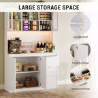 Grand meuble de cuisine de 180 cm de haut, buffet de rangement de cuisine avec lumières LED et prises de courant, support pour micro-ondes, porte en verre