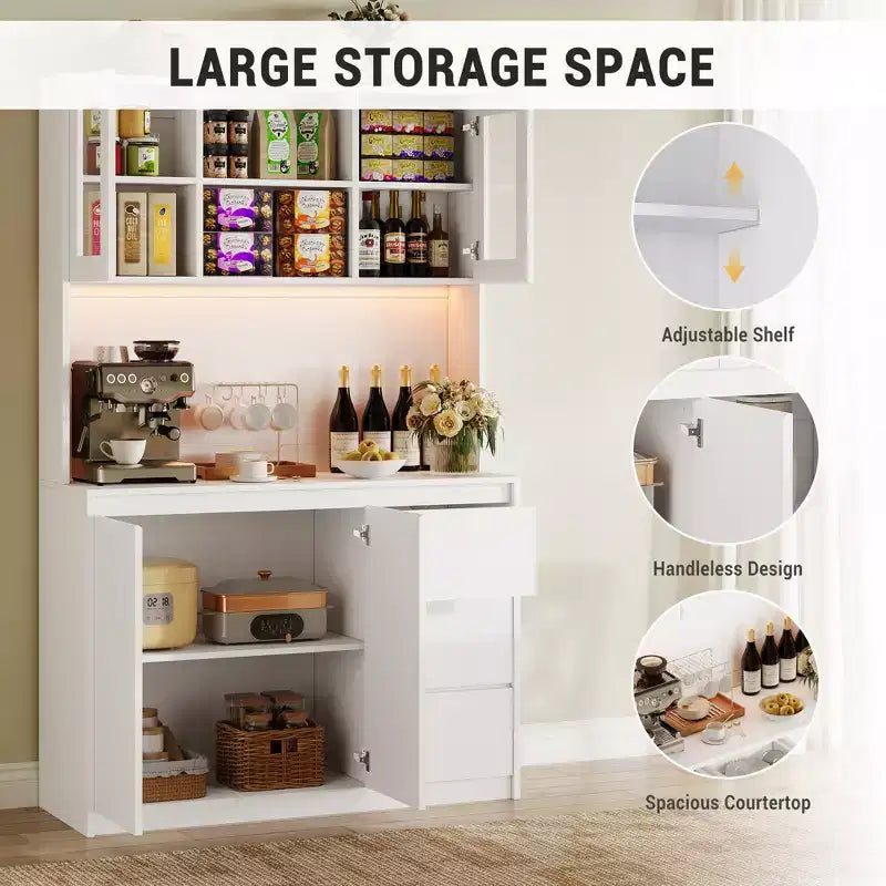 Grand meuble de cuisine de 180 cm de haut, buffet de rangement de cuisine avec lumières LED et prises de courant, support pour micro-ondes, porte en verre