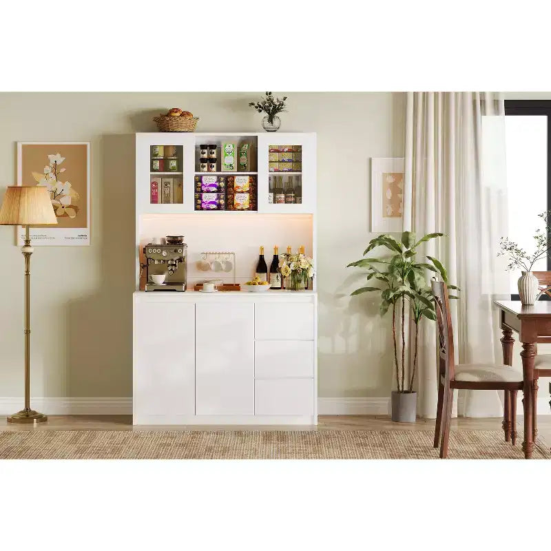Grand meuble de cuisine de 180 cm de haut, buffet de rangement de cuisine avec lumières LED et prises de courant, support pour micro-ondes, porte en verre