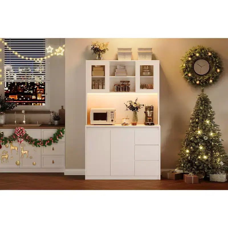 Grand meuble de cuisine de 180 cm de haut, buffet de rangement de cuisine avec lumières LED et prises de courant, support pour micro-ondes, porte en verre