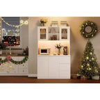Grand meuble de cuisine de 180 cm de haut, buffet de rangement de cuisine avec lumières LED et prises de courant, support pour micro-ondes, porte en verre