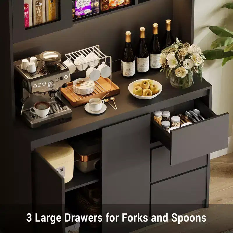 Grand meuble de cuisine de 180 cm de haut, buffet de rangement de cuisine avec lumières LED et prises de courant, support pour micro-ondes, porte en verre